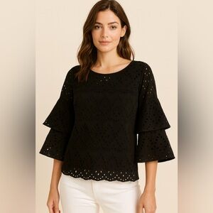 Ann Taylor Factory Womens Black Eyelet Ruffled Sleeve Top